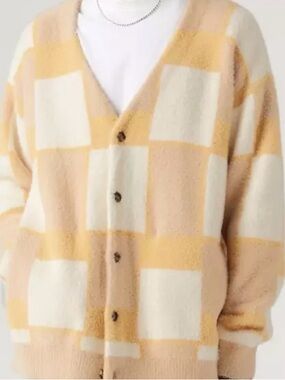 Levi Men's Cream & Light Yellow Check Cardigan Sweater